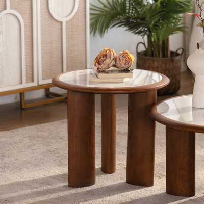 Table basse ronde 19,49 po en pierre frittée avec rebord en bois massif
