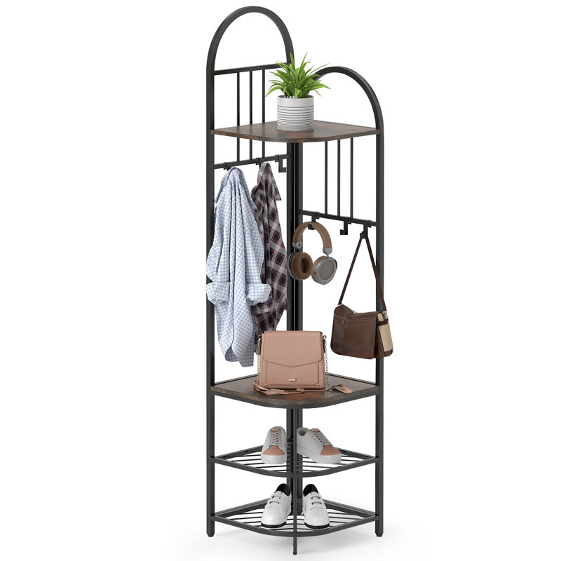 4-Tier Corner Hall Tree with Bench, 2-Tier Shoe Rack & 6 Hooks, Black/Brown