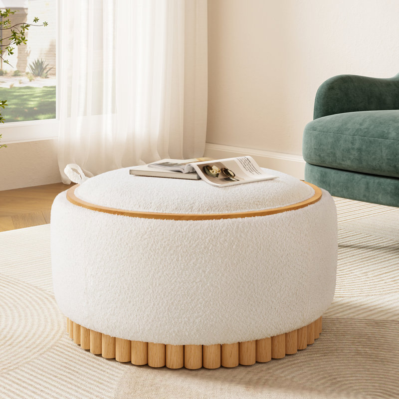 Rond 29 po avec couvercle réversible, base en bois, tissu bouclé, multifonctionnel, compartiment de rangement pour le salon, rangement caché moderne, sans espace d'assemblage