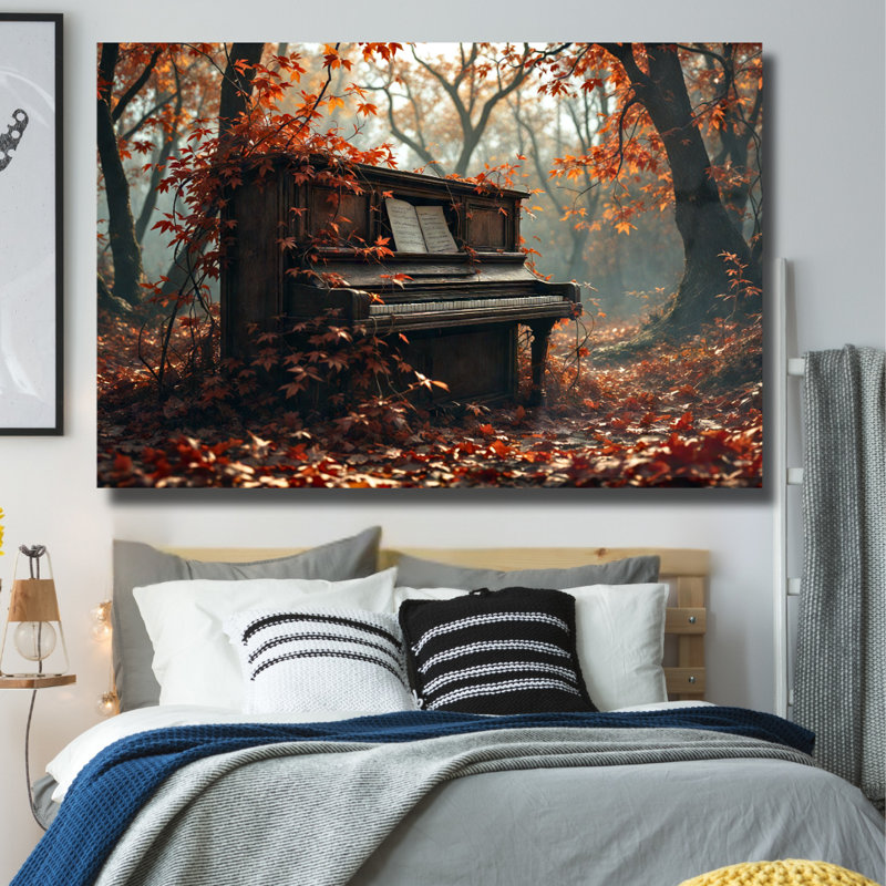 «Piano in Fall Forest», art mural en verre trempé, 8" H x 12" W