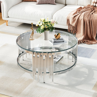 Modern Round Glass Coffee Table, 35.43” Two-Tier Tempered Glass Top And Irregular Cylindrical Stainless Steel Tube Frame