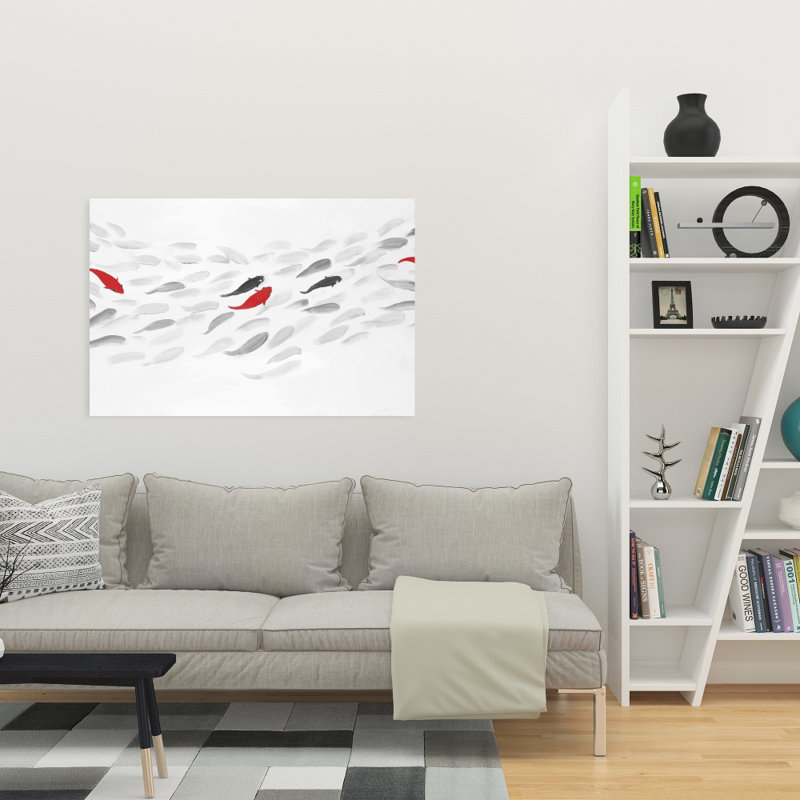 Swimming Fish Wave - Red Aquatic Canvas for Home Decor, 36" H x 24" W