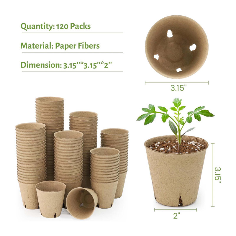 Paquet de 120 pots de tourbe biodégradables 3,15 "avec trous de drainage pour les semis et les herbes