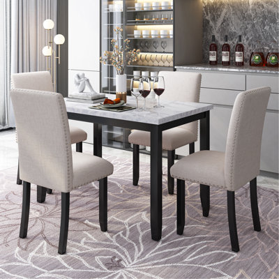 Faux Marble 5-Piece Dining Set Table With 4 Thicken Cushion Dining Chairs Home Furniture, White/Beige+Black -  Lark Manor™, E95E325138684B1CB56FB1B33AB592C6
