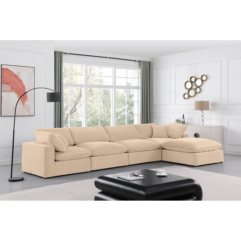 Hinesh Velvet L-Shaped Sectional Reversible, Beige Velvet