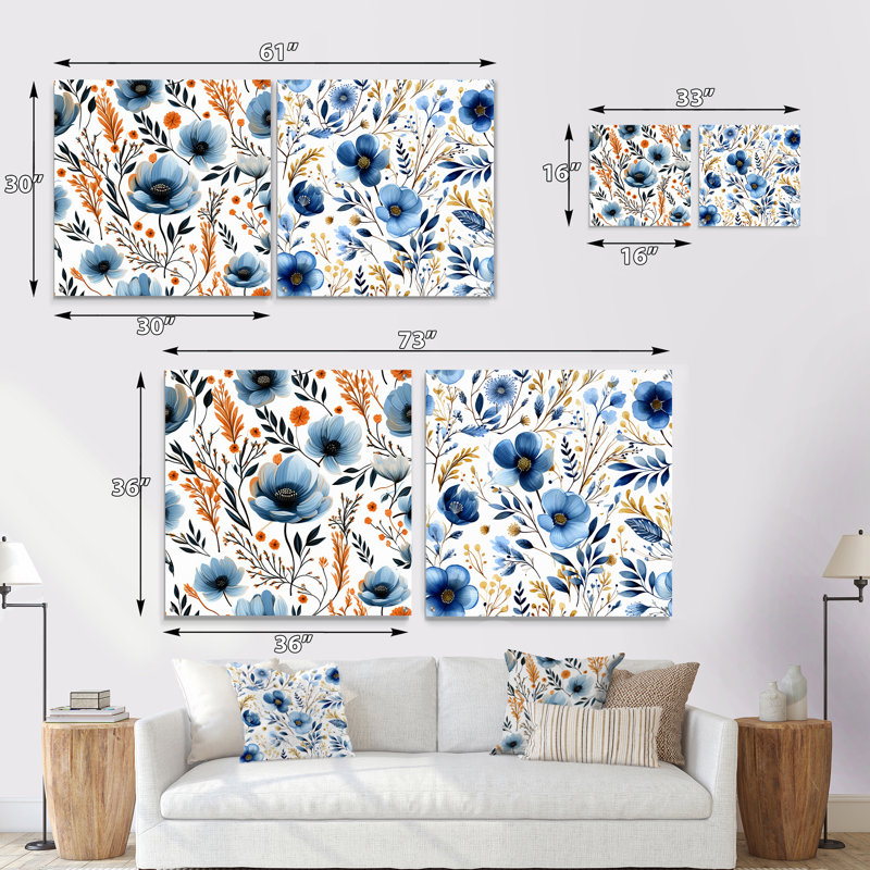 Aquarelle fantaisie - Motif floral bleu, H 36 po x l 73 po