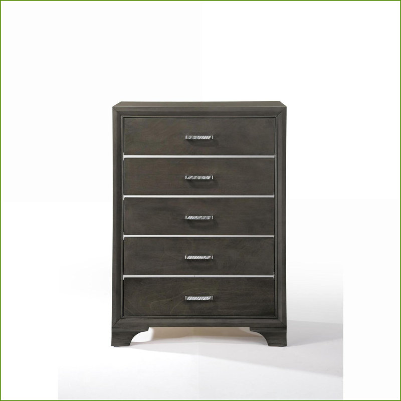 Commodes et amp; Garde-robes: commode grise classique à 5 tiroirs, bois d'hévéa massif | Gris | Bois massif