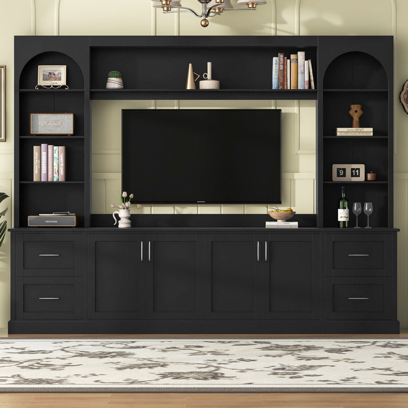 Meuble télé pour téléviseur de 65 pouces, meuble télé mural arqué avec tiroirs et étagères ajustables, console en bois avec passe-câbles