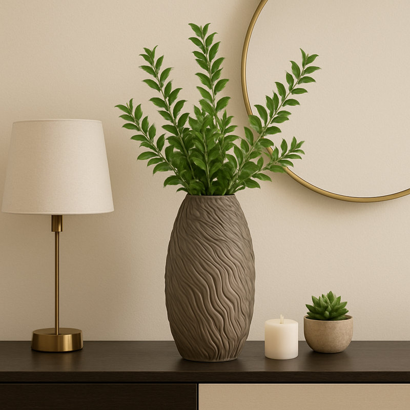Leika Sculptural Textured Ceramic Table Vase for Living Room - Decorative Tall Flower Vase for Tabletops, Entryway, or Home Decor - Brown
