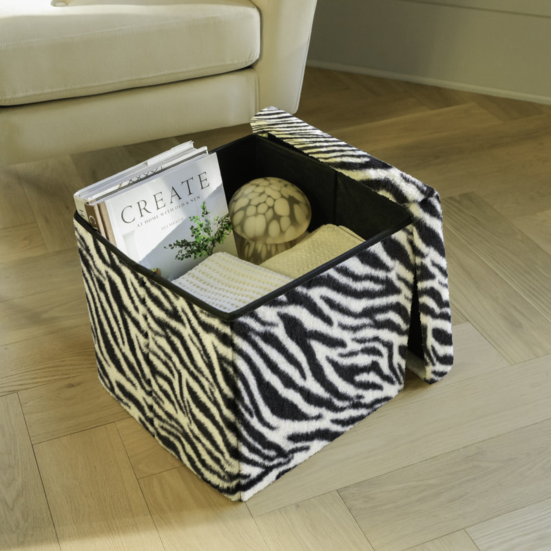 Go-Poufs Knock-Down Medium Cube Faux Fur Storage Ottoman |15"x15"x15", Zebra