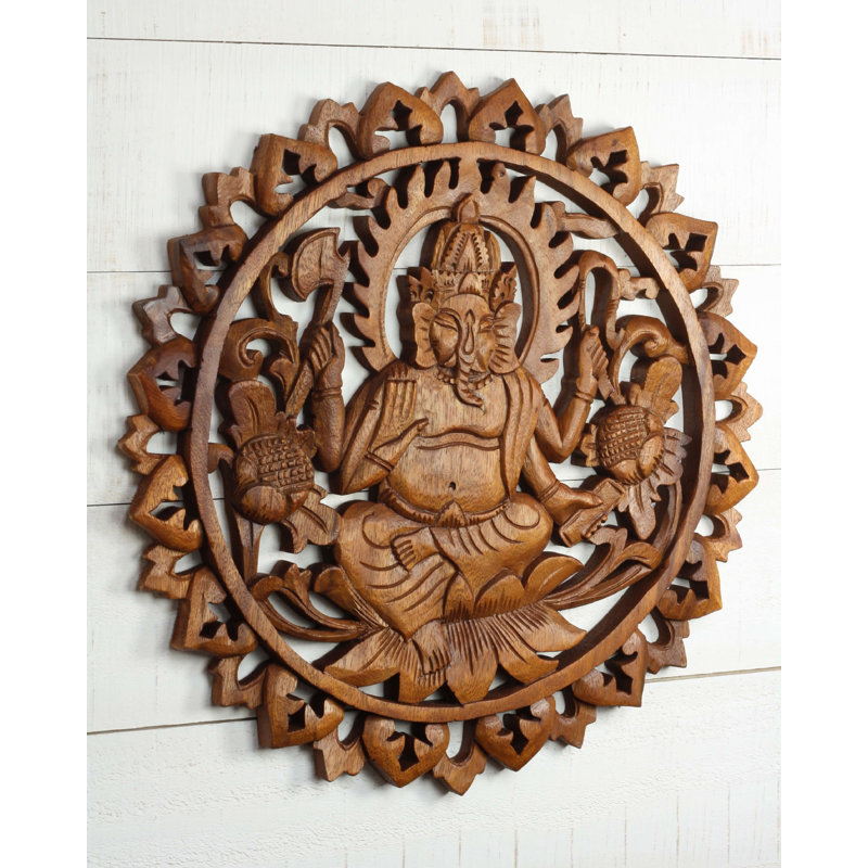 Panneau mural en bois sculpté à la main Ganesha - dieu éléphant indien, mandala floral lotus