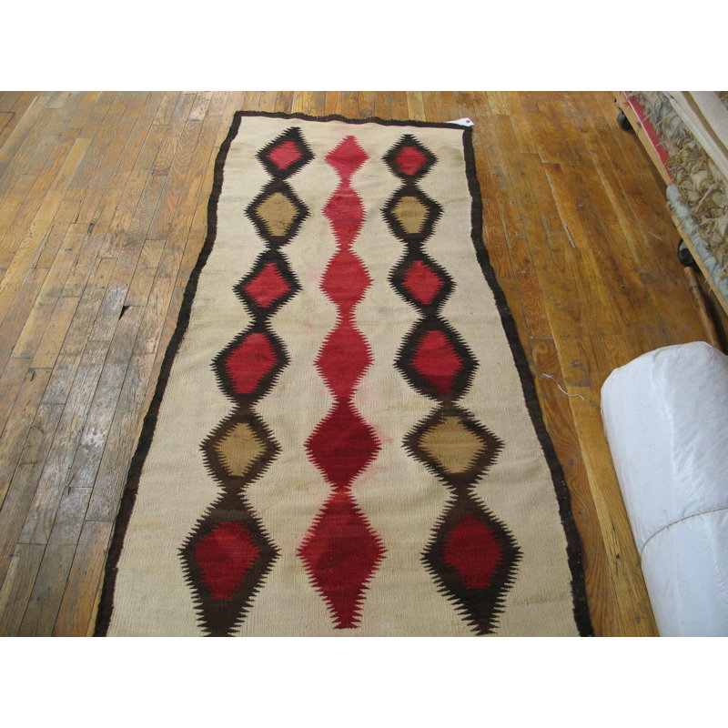 Rectangle Ivory Beige Cream White Allover Geometric 1930s Wool Flat Weave Antique Rug