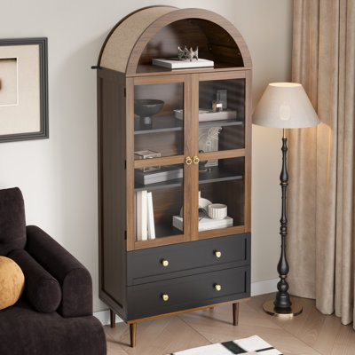 Arched Storage Cabinet with Glass Door, Walnut Finish & Gold Ring Handles