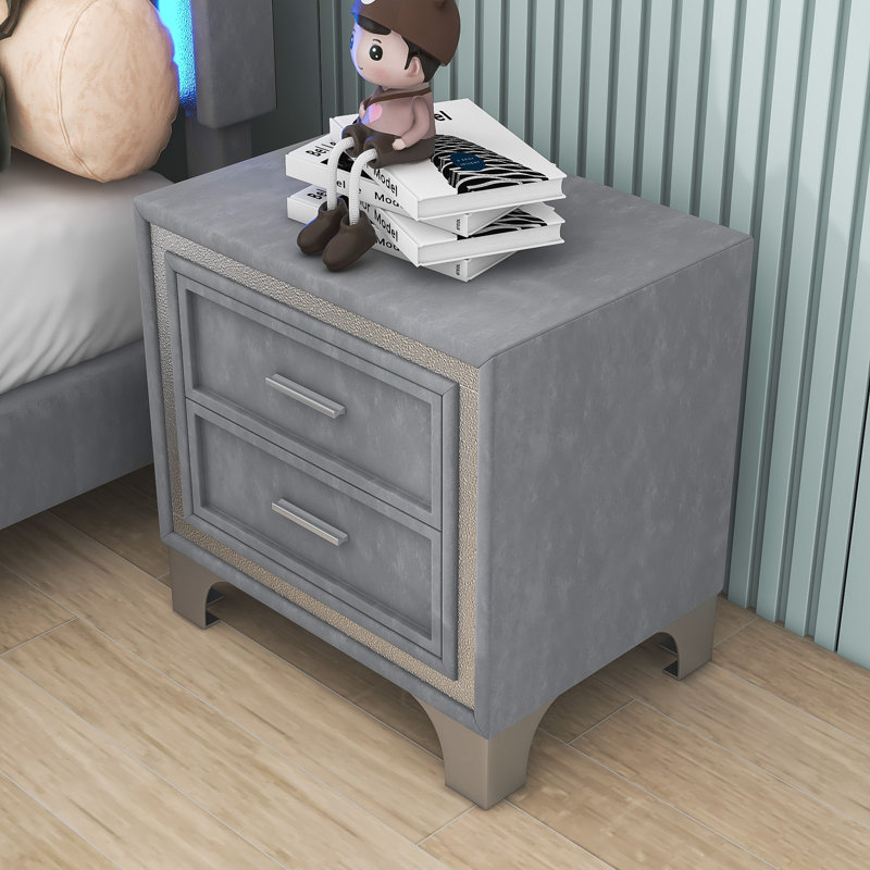 Table de chevet 2 tiroirs avec pieds en métal pour la chambre à coucher, Gris