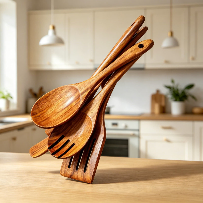 Ensemble de cuillères en bois de teck naturel pour la cuisson - 5 ustensiles de cuisine avec spatule, écumoire, cuillère à fente, fourchette à salade - outils antiadhésifs et résistants à la chaleur
