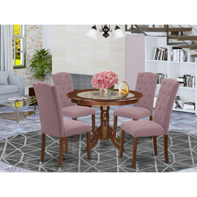 5 Piece Dining Set Includes a Round Dining Room Table with Pedestal and 4 Dahlia Linen Fabric Upholstered Parson Chairs, Mahogany