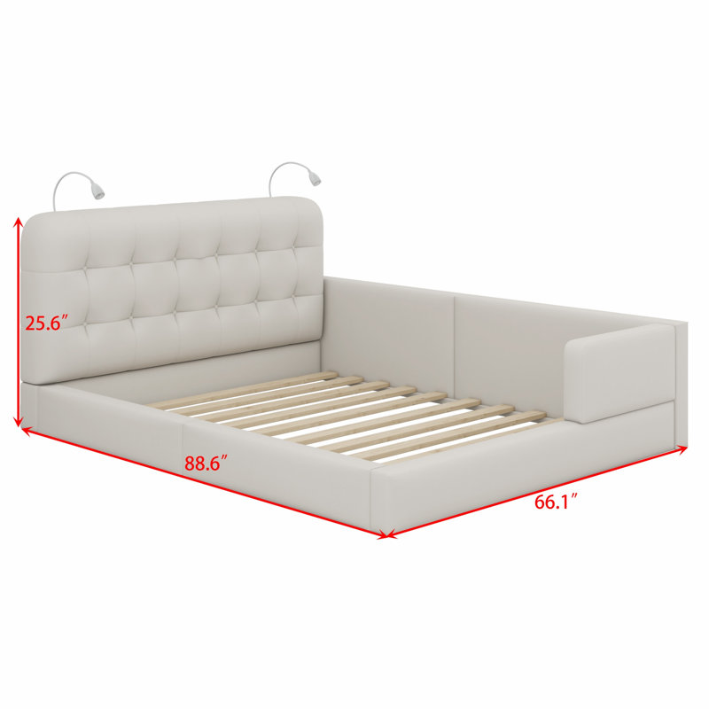 Lit plateforme tapissier avec 2 lampes de lecture, Blanc