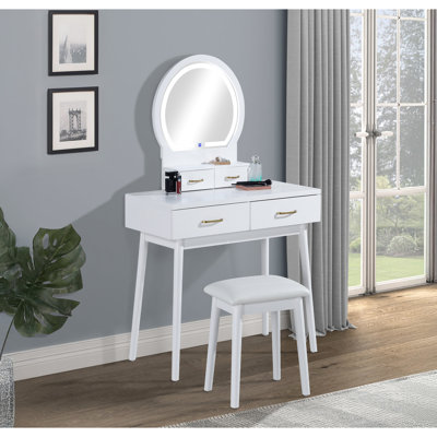Meuble-lavabo blanc 3 pièces avec miroir à DEL, poignées dorées, tabouret rembourré, style moderne pour la décoration intérieure de chambre à coucher