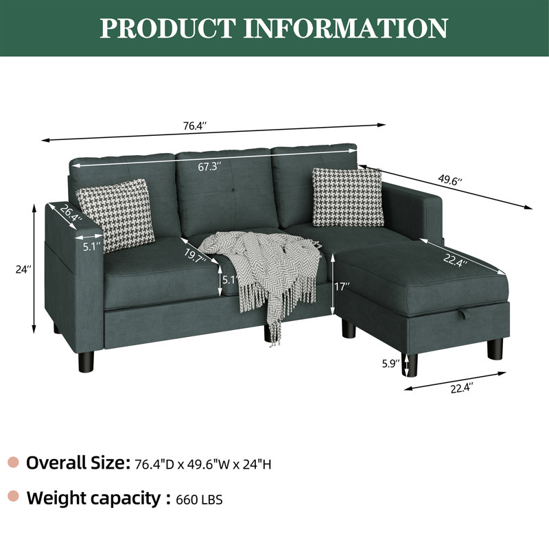 Serio Convertible Sectional Sofa Couch, L Shaped 3 Seater Sofa Couch with Storage Ottoman and Side Pockets, Dark Grey Fabric