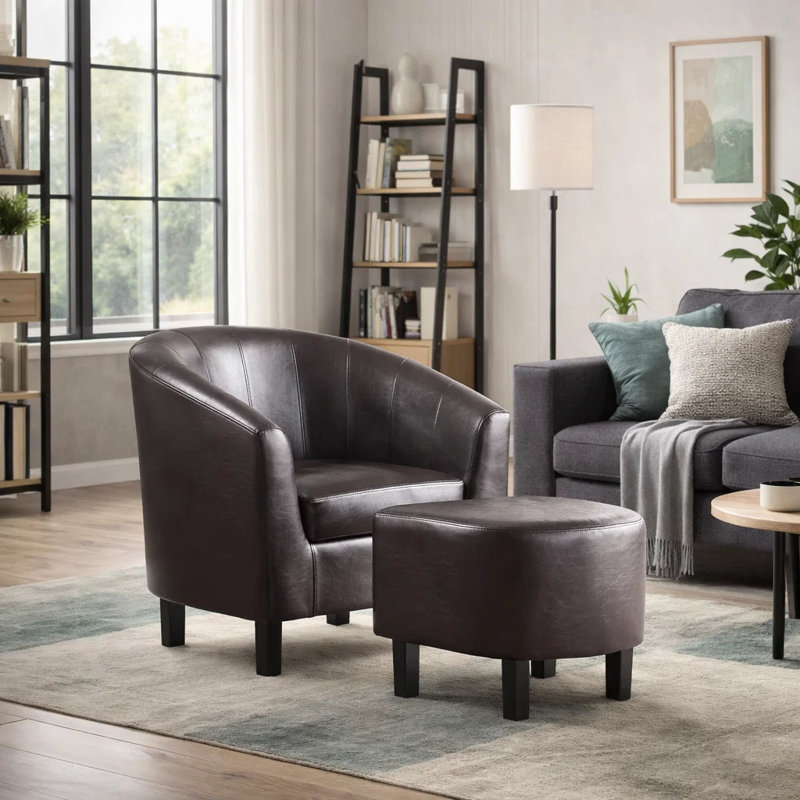 29″ Modern Barrel Accent Chair with Ottoman, Dark Brown Faux Leather