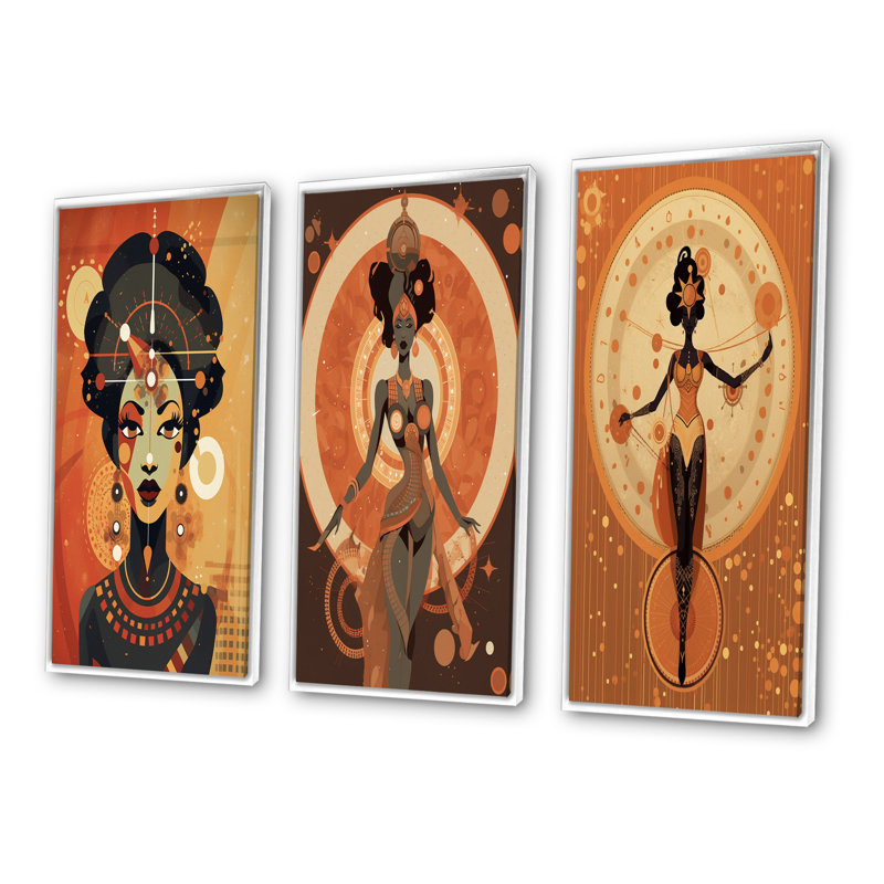 Déesse africaine graphique dans les tons de terre VI - ensemble de 3 impressions, Cadre blanc, H 36 po x l 28 po