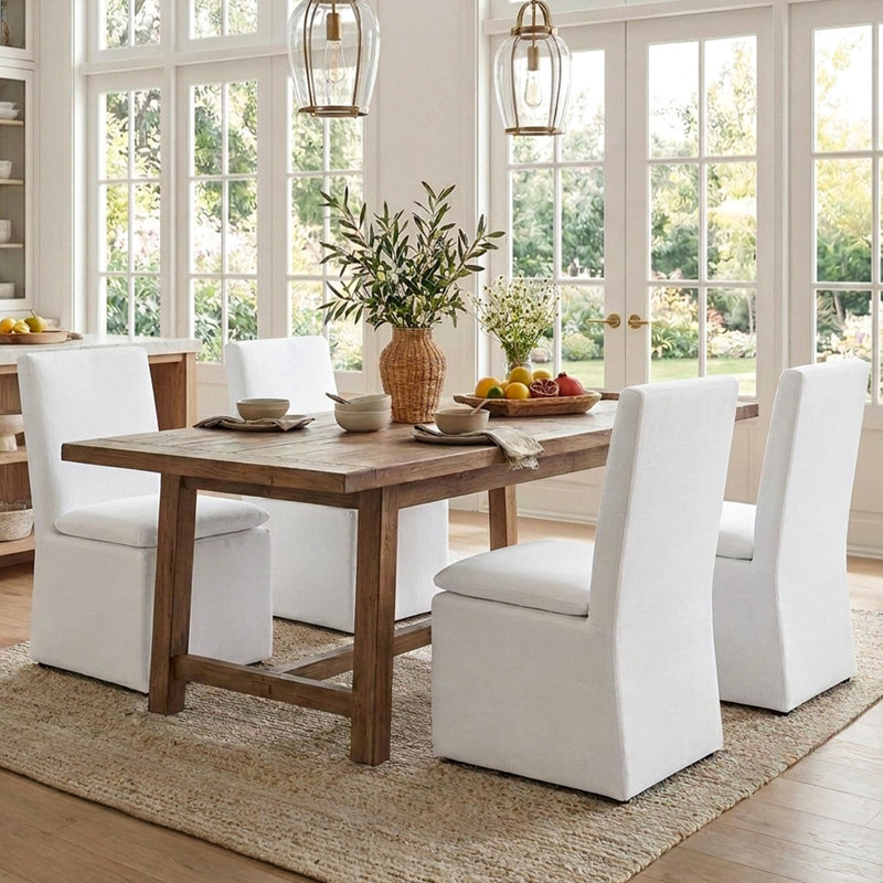 21" Wide Modern No Assembly Upholstered Linen Side Dining Chair with Interchangeable Casters & Fixed Feet (Set of 4), White