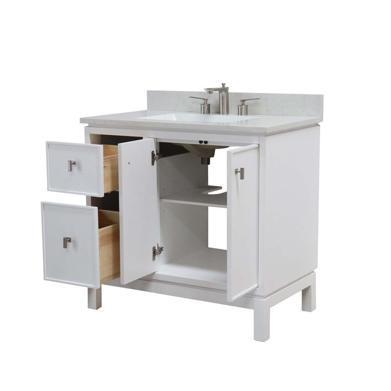 Meuble-lavabo simple avec plateau en quartz, Blanc, Nickel brossé