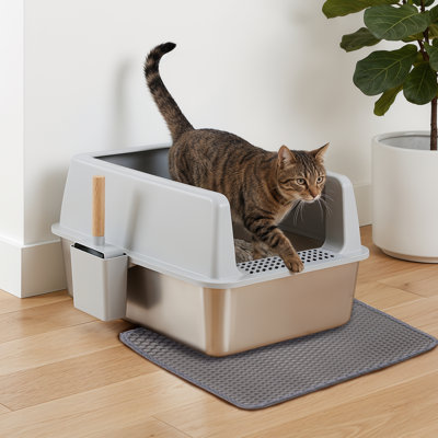 Extra Large Stainless Steel Cat Litter Box High Walls Semi-Enclosed Open Top With Litter Trapping Steps, Scoop And Mat