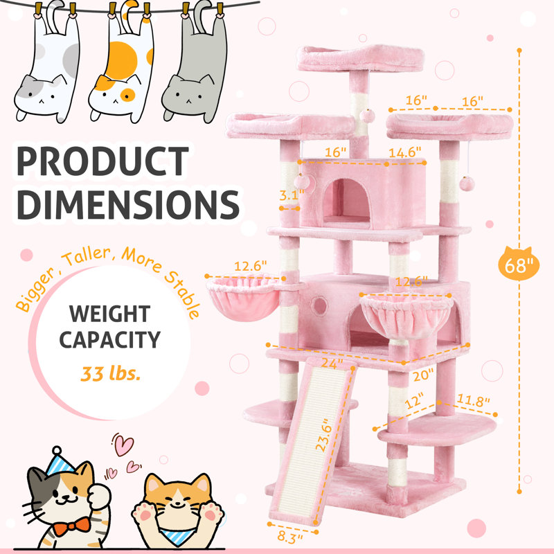  Arbre à chat à niveaux multiples avec plateformes et condos Ardle H 67 po, Rose