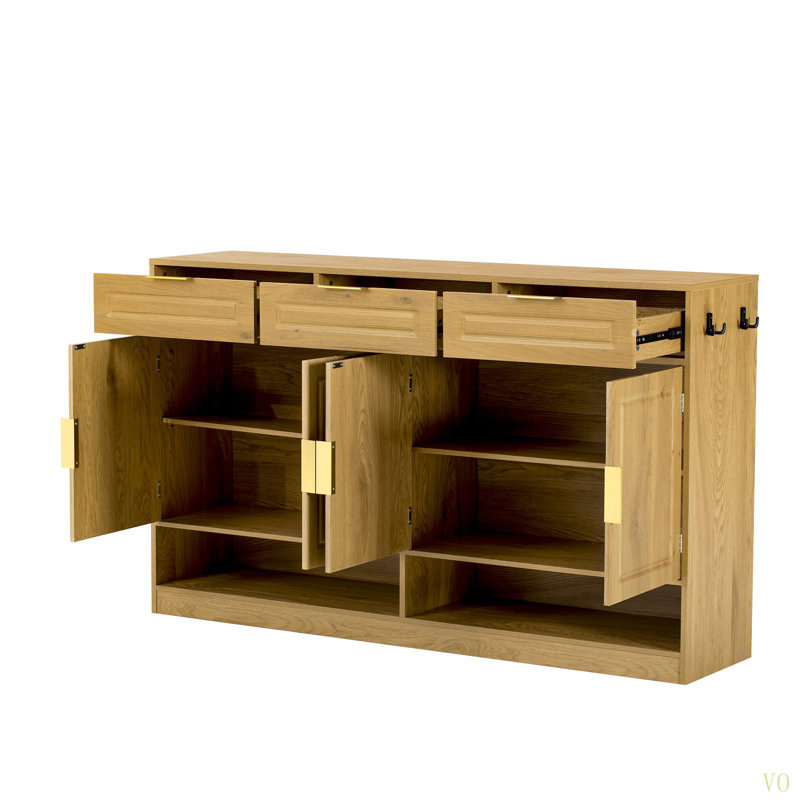 Farmhouse Sideboard With 3 Drawers & 4 Doors,59.1" Multi-Functional Storage Buffet With Adjustable Shelf And Open Storage Compartments, Suitable For Dining Room, Living Room, Entryway