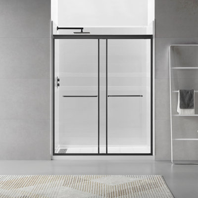 Porte de douche à cadre 56 po x l 56 po x H 70 po, porte de douche coulissante double pour salle de bain, verre trempé transparent de 1/4 po (6 mm), porte en verre de dérivation, finition noir mat