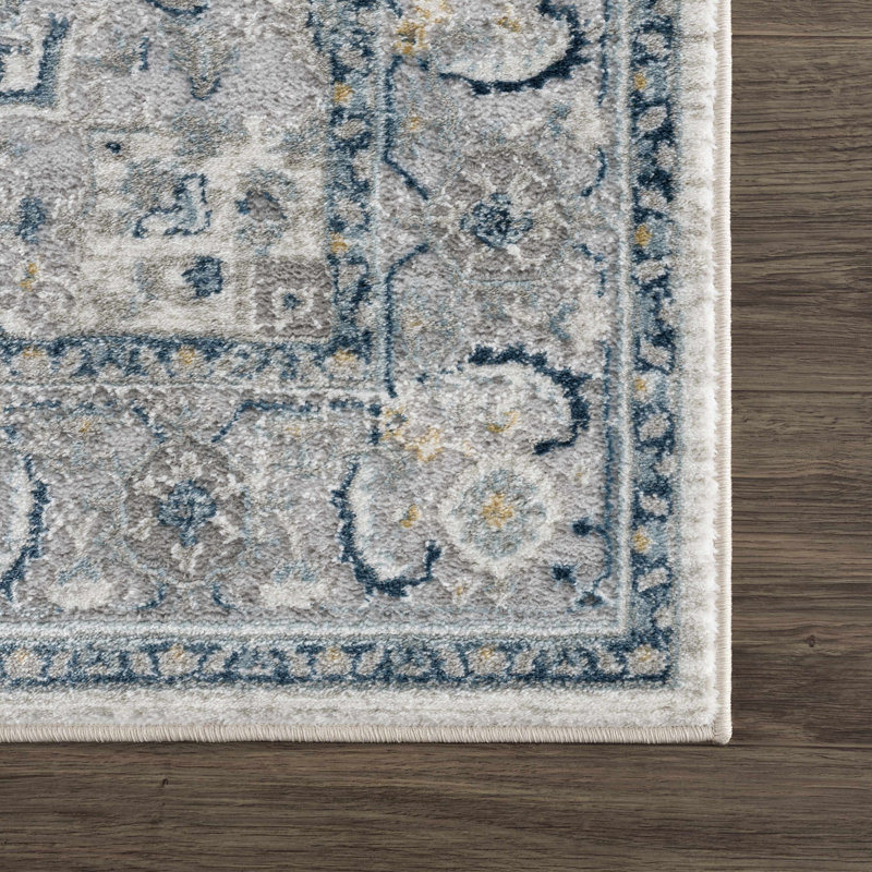 Tapis oriental bleu en polypropylène tissé à la main Basak, Rectangle 5 pi 3 po x 7 pi