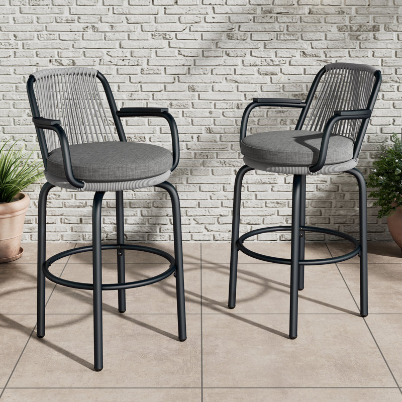 Modern Patio Bar Stools Set Of 2, Metal Rattan Chairs For Kitchen Patio