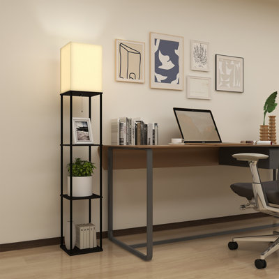 Floor Lamp with Shelves-Dimmable Shelf Floor Lamp with Remote Control,Include 3 Color Temperature E26 Bulb,Storage Display Column Standing Tall Lamp for Living Room, Bedroom, Office (Black)