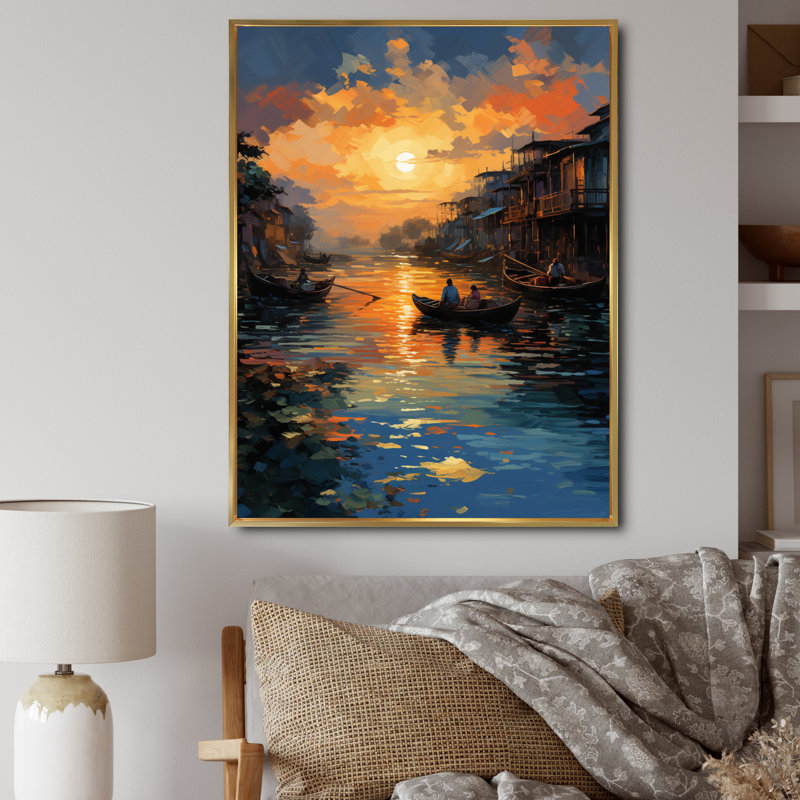 «Shontelle Yellow Canal Canal Sunset», reproduction sur toile, H 40 po x l 30 po x P 1,5 po, Cadre flottant doré