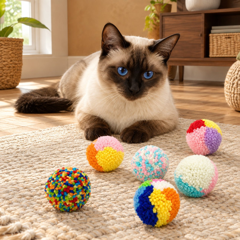 6-Piece Assorted-Color Wool Yarn Pom Pom Ball Set for Interactive Kitten Chasing