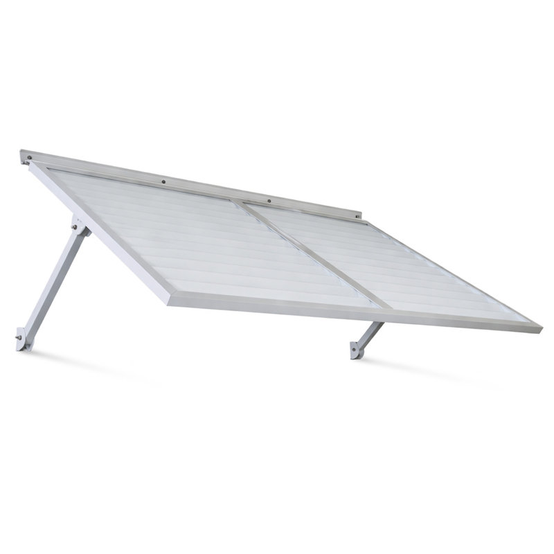 Auvent en métal blanc 5,6 fabriqué en aluminium léger pour l'extérieur, finition thermolaquée contemporaine, charnière continue avec solin, conditions extérieures préfabriquées, acier inoxydable
