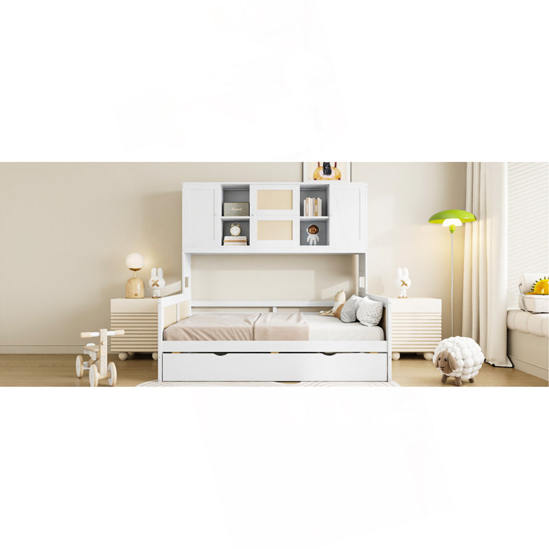 Wooden Daybed With Twin Size Trundle, And All-In-One Cabinet And Shelf, Full/Double, White