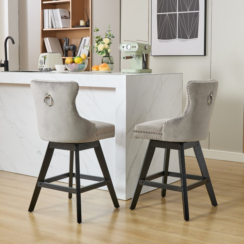 Swivel Velvet Barstools With Button Tufted Decoration, Wooden Legs, And Chrome Nailhead Trim, Set Of 2, Gray