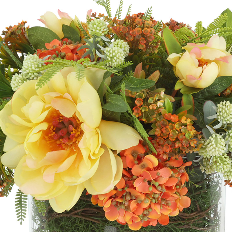 Hydrangea, Peony and Fern Fall Arrangement in a Glass Vase