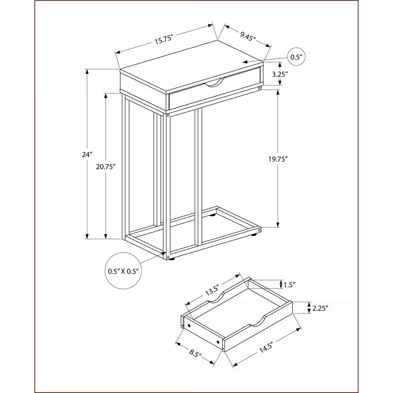 Table basse en forme de C pour économiser de l'espace Chambre à coucher, plateau en stratifié blanc avec cadre en métal noir Tiroir de rangement