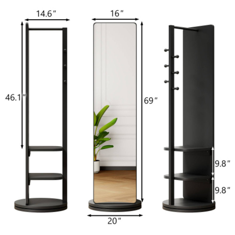 Portemanteau pivotant à 360 ° en bois massif noir avec miroir 69 po x 16 po pour vestiaire, Noir, 68,8 po x 19,69 po
