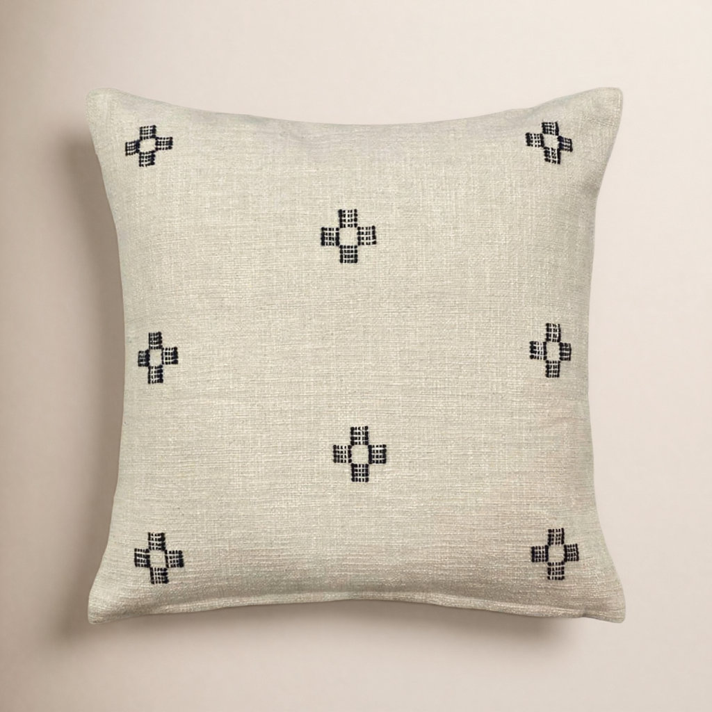 PILLOWPIA Marguerite 100% Cotton Throw Pillow Cover with Brass Zipper and Floral Pattern, Cream