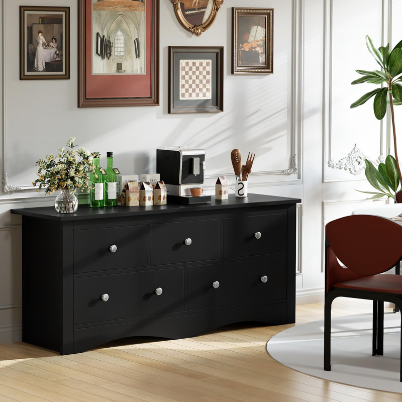 Commode double 5 tiroirs l 52 po, rétro moderne avec grande capacité, Noir