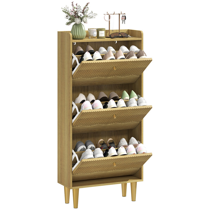 HOMCOM Narrow Shoe Cabinet with 2 Flip Drawers for Hallway, Top Shelf, 128cm H x 60cm W x 24cm D