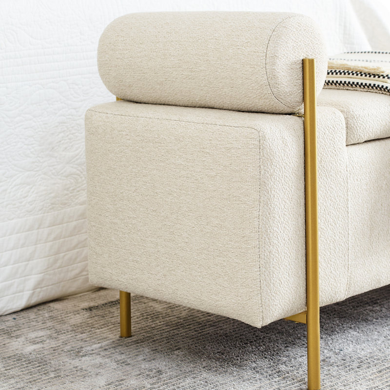 Upholstered Linen Storage Bench In Beige With Cylindrical Arms And Solid Iron Leg Construction For Living Room Bedroom Hallway Elegant Legs,