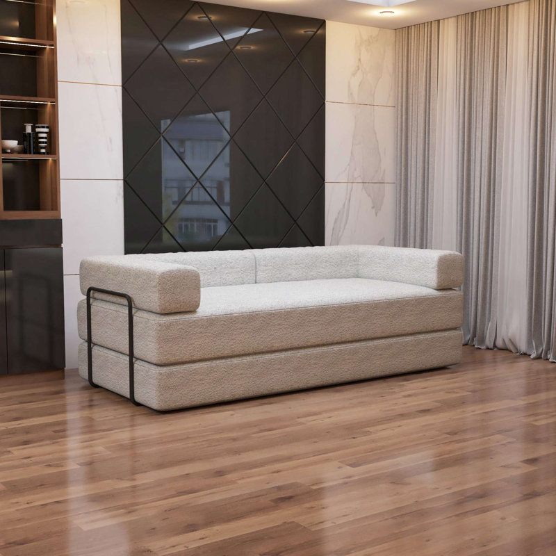 Smart Convertible Sofa Bed 3-Seater Sherpa Upholstered Futon with Side Metal Frame Support, No-Assembly Fold-Out Design – Available in Black, Grey, and Camel
