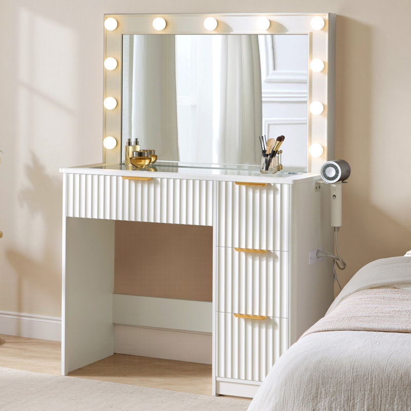 Meuble-lavabo moderne 36,2 po avec 4 tiroirs, miroir lumineux à DEL et prises de courant, blanc, Blanc
