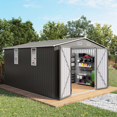 Remise de rangement extérieure en métal 10 x 12 pi avec double porte et fenêtres, conception américaine pour une grande utilisation près de la piscine, vélos adaptés, barbecue, générateur