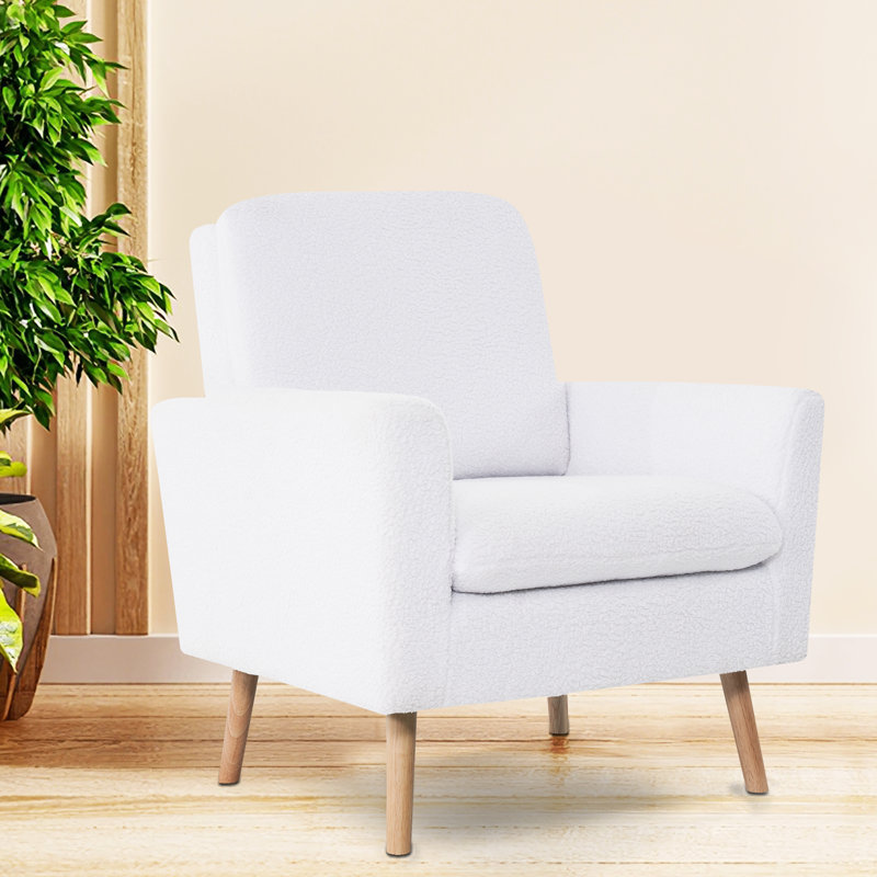 Mid-century Modern Soft Teddy Fleece Accent Chairs for Living Room, Bedroom, oak legs armchair, White Teddy Fleece Fabric